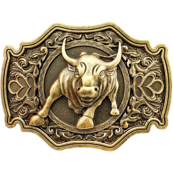 Men's Gold Imported QUKE Long Horn Bull Rodeo Western Cowboy Belt Buckles - Picture 1 of 4